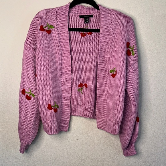 Forever 21 Pink Knit Cardigan with Cherry Details - Picture 1 of 6